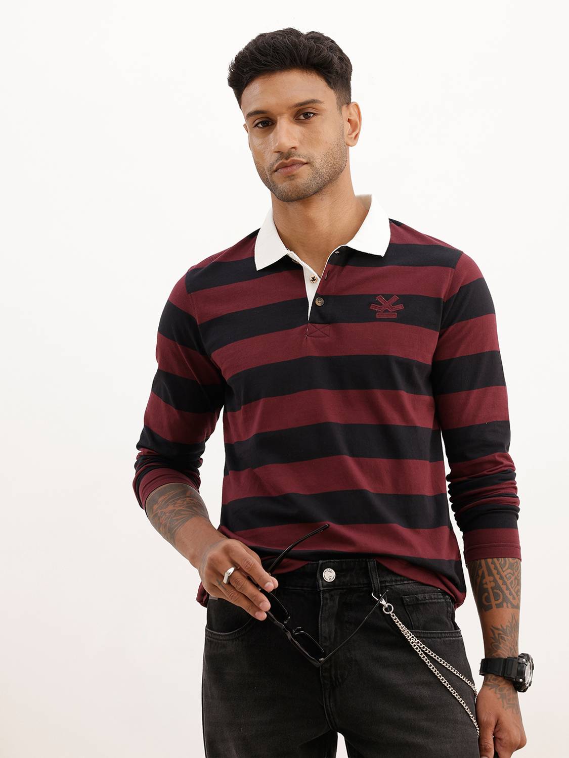WROGN Striped Men Polo Neck Maroon T-Shirt