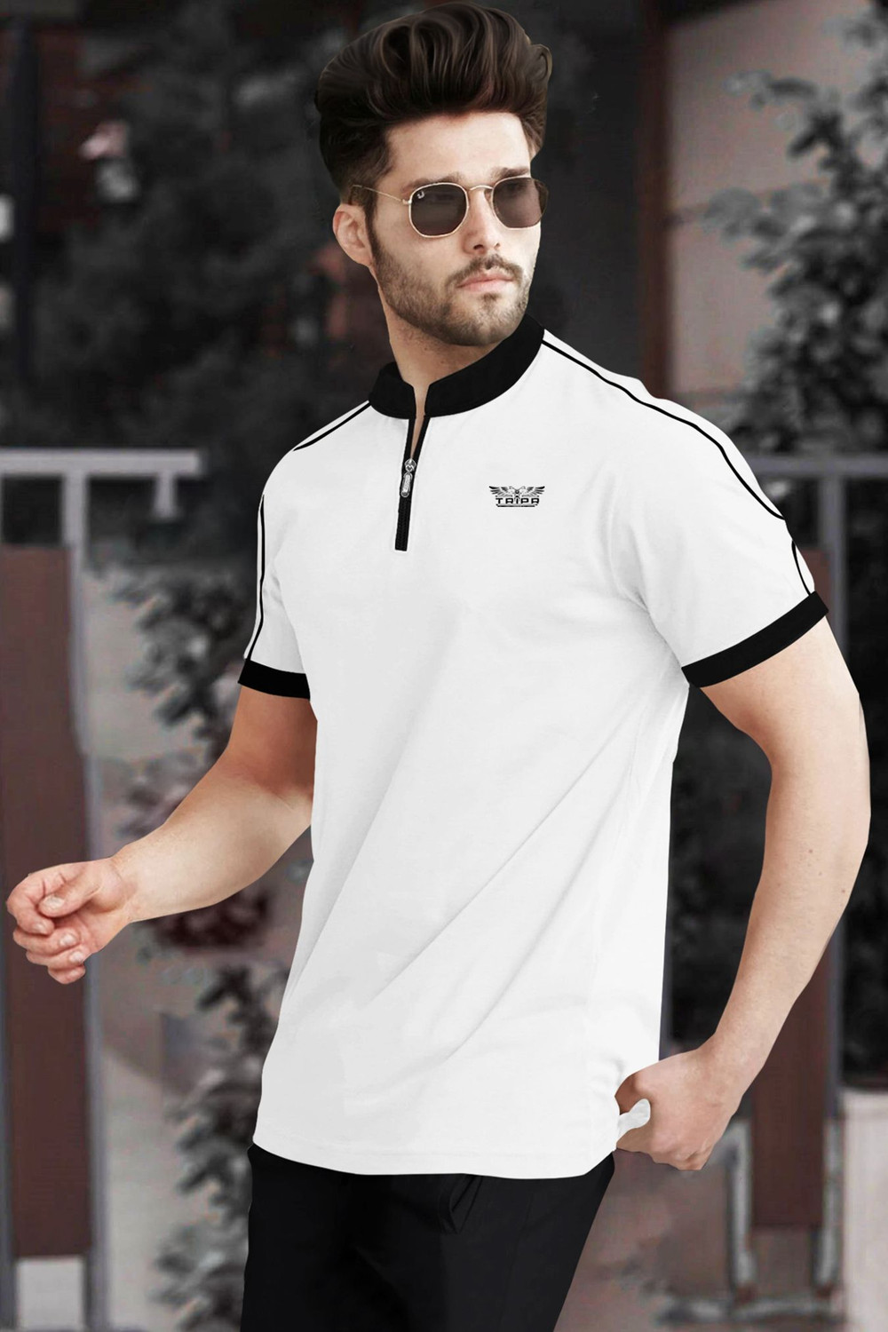 Image of TRIPR Printed Men Mandarin Collar White, Black T-Shirt