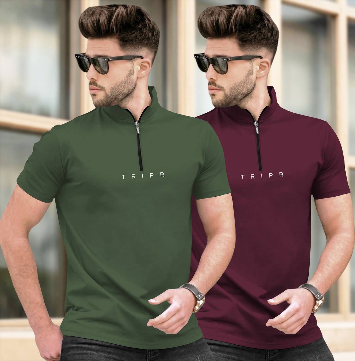 TRIPR Pack of 2 Men Typography Mandarin Collar Cotton Blend Dark
