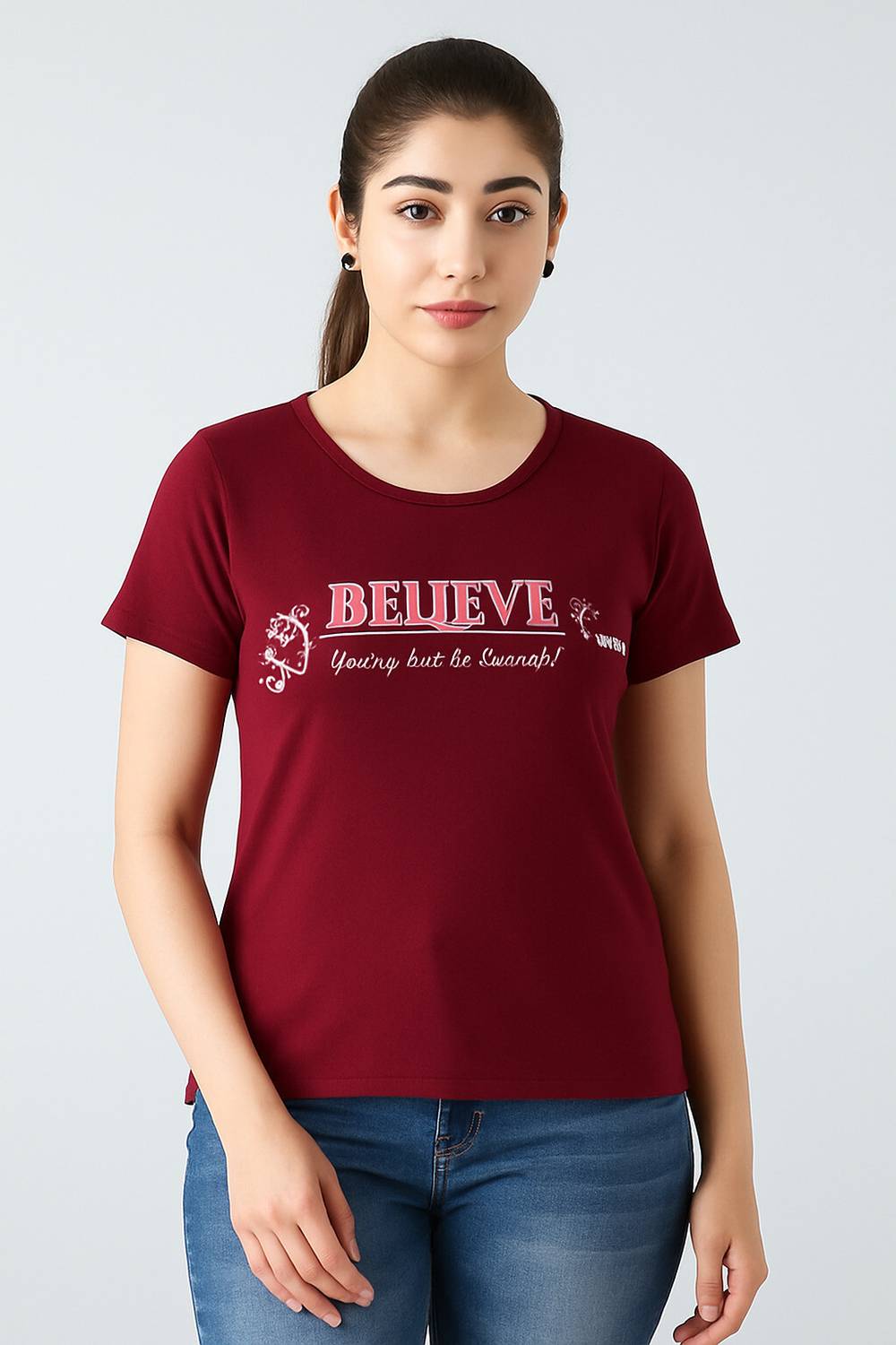 AWIBE Printed Women Round Neck Maroon T-Shirt