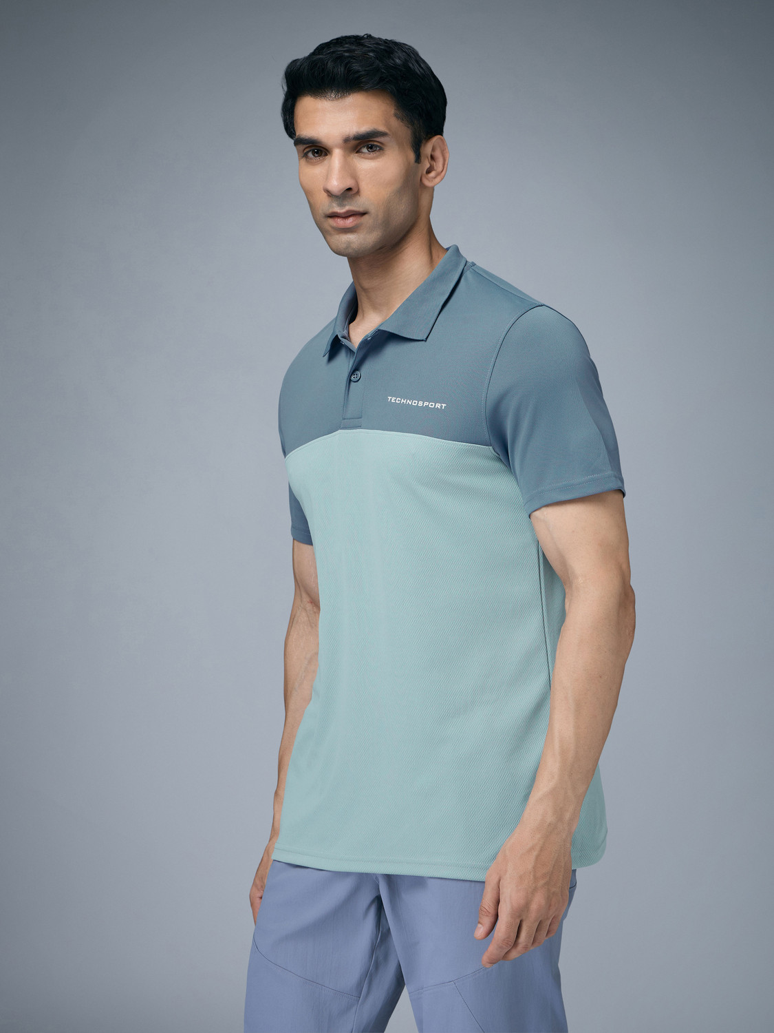 Image of TECHNOSPORT Colorblock Men Polo Neck Grey T-Shirt