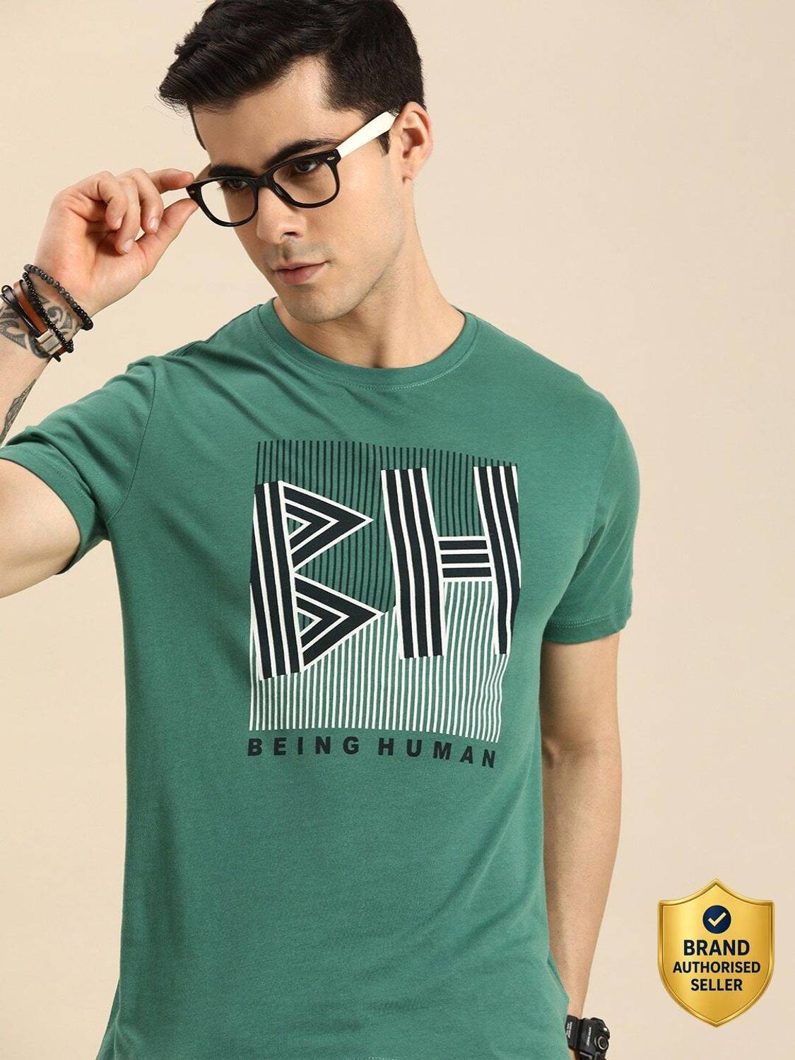 BEING HUMAN Solid Men Crew Neck Green T-Shirt