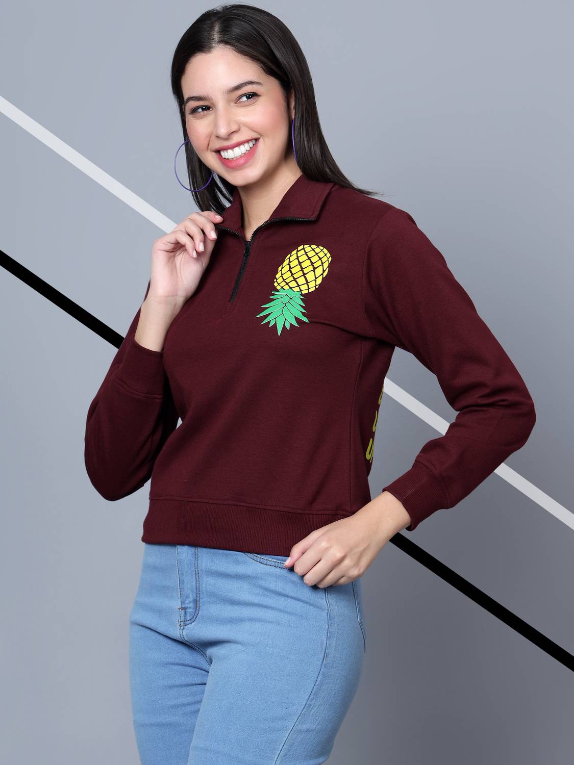 AKTIO Printed Women Zip Neck Maroon T-Shirt