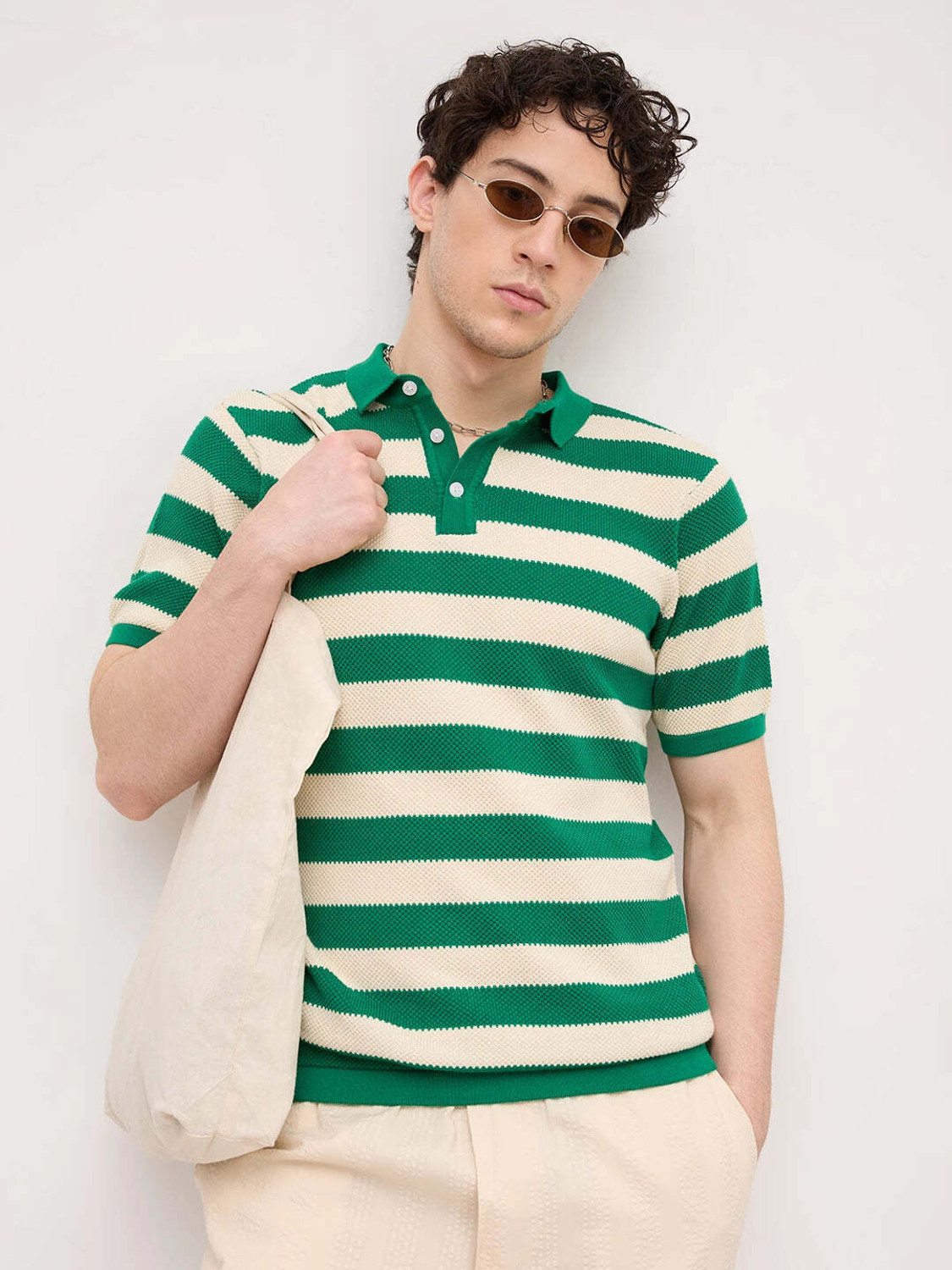Image of VASTRADO Striped Men Polo Neck Green T-Shirt