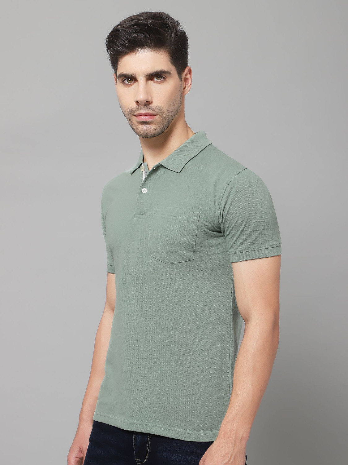 Image of CANTABIL Men Solid Polo Neck Polycotton Green T-Shirt