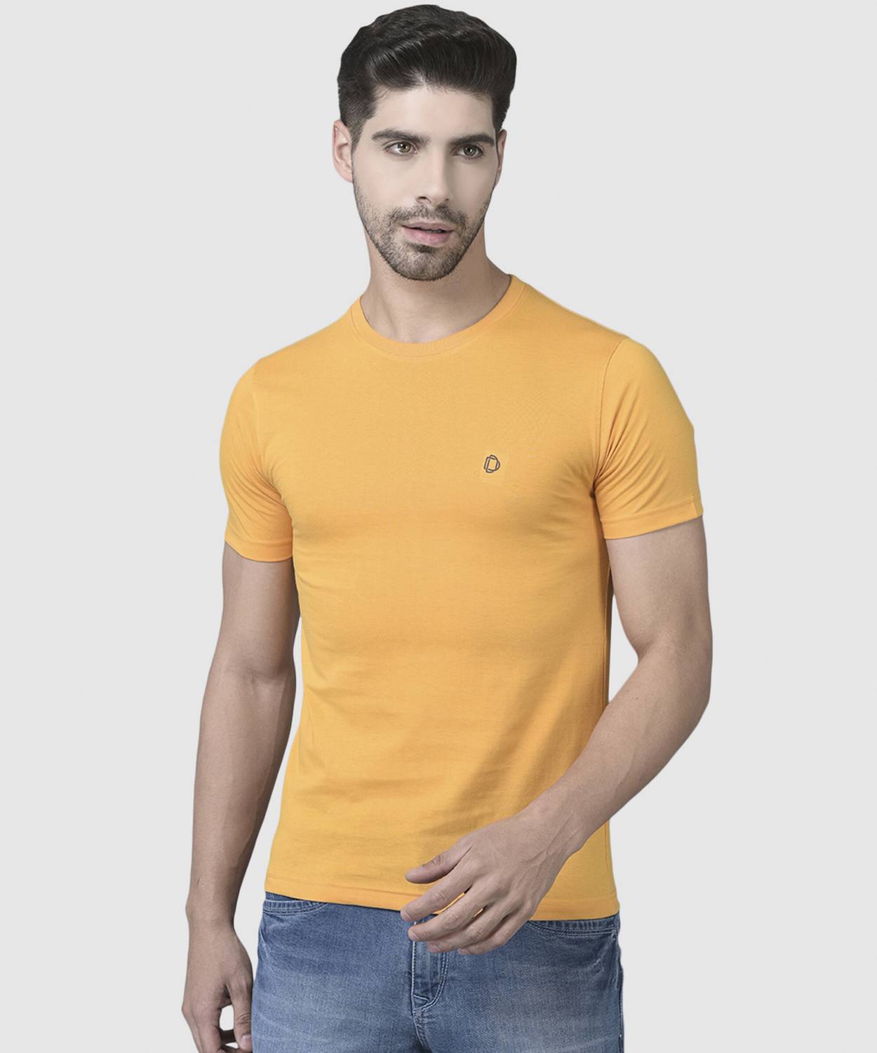 Dollar Men Solid Round Neck Cotton Blend Yellow T-Shirt