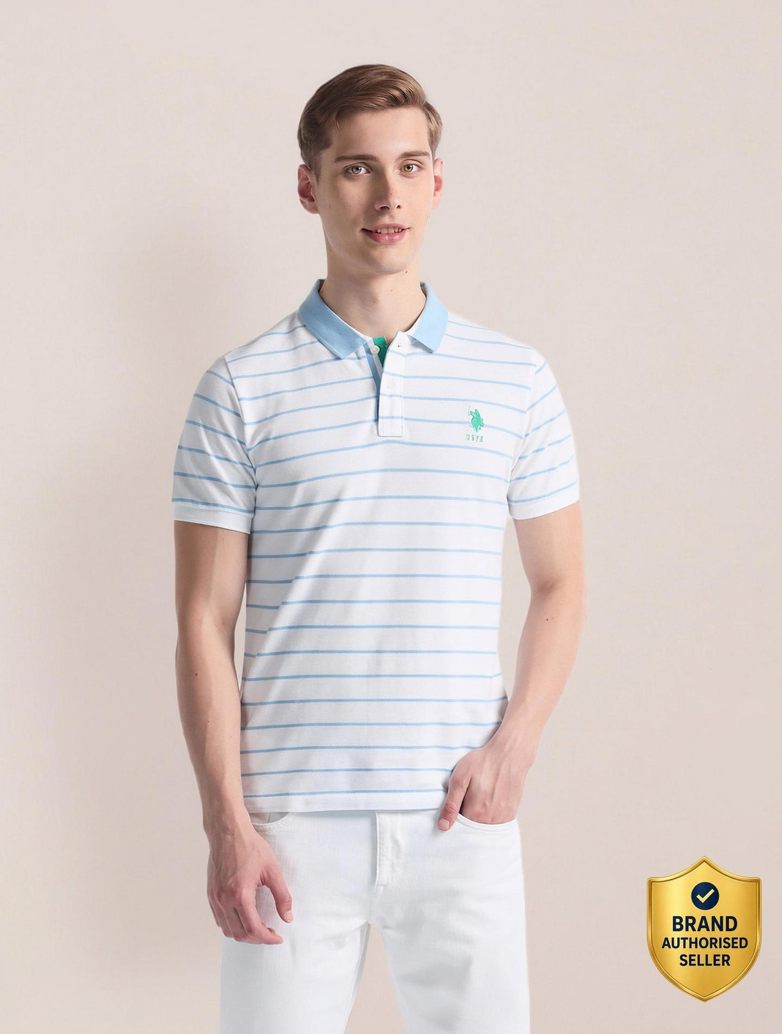 Image of U.S. POLO ASSN. Striped Men Polo Neck White T-Shirt