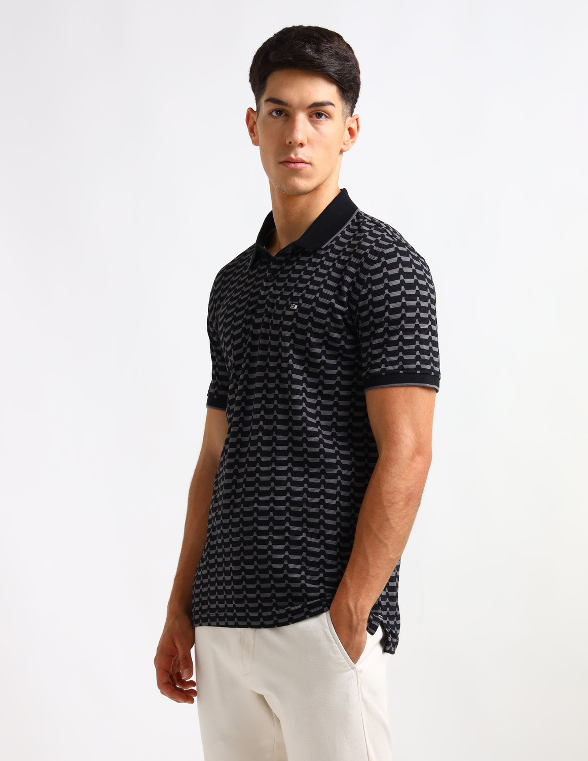 Image of Arrow Sport Geometric Print Men Polo Neck Black T-Shirt