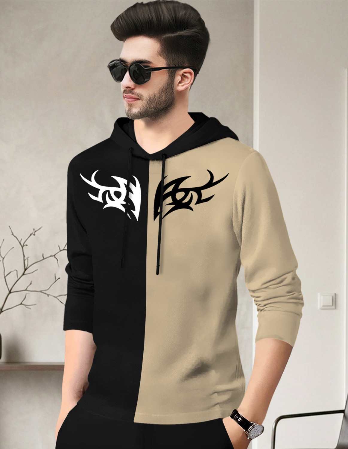 Image of TESSERACT Printed Men Hooded Neck Black, Beige T-Shirt