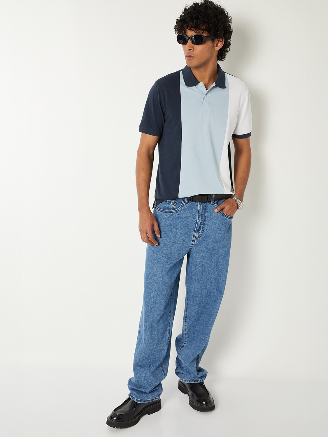 Image of MAX Colorblock Men Polo Neck Blue T-Shirt