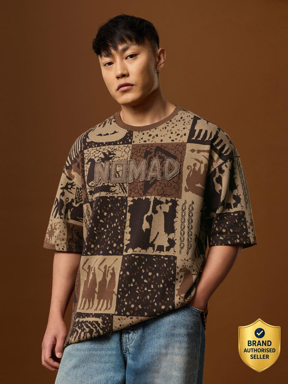 Image of The Souled Store Tribal Print Men Crew Neck Brown T-Shirt