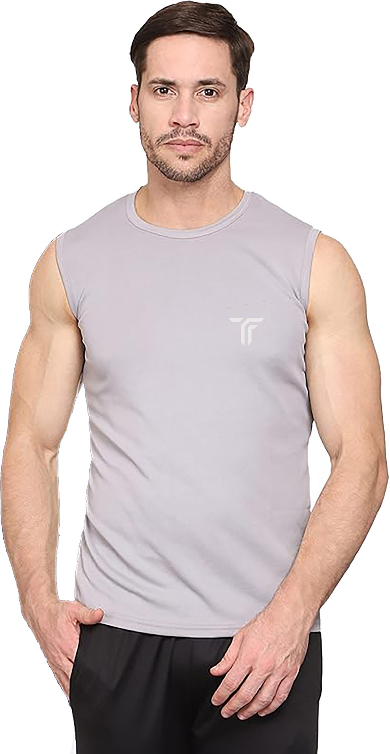 Image of Think Tech Men Solid Round Neck Polyester Grey T-Shirt