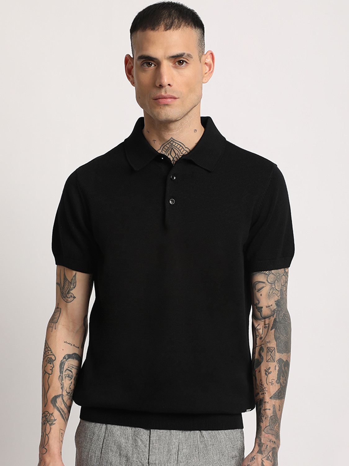 Image of THE BEAR HOUSE Solid Men Polo Neck Black T-Shirt