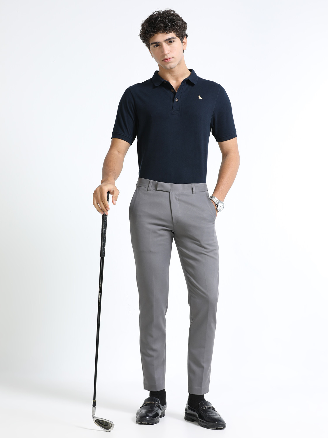 Image of estuna Solid Men Polo Neck Navy Blue T-Shirt