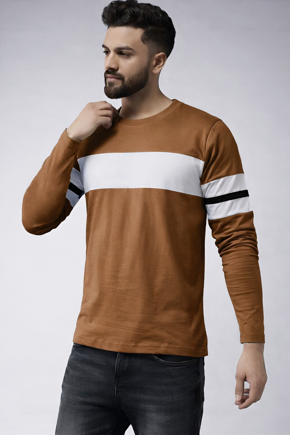 Image of THE DRY STATE Colorblock Men Round Neck Brown T-Shirt