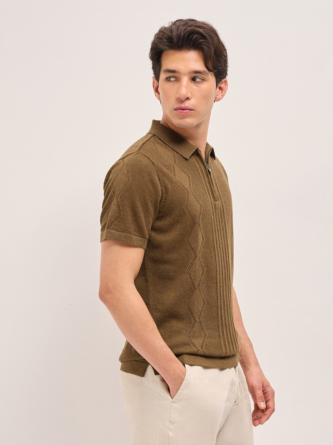Image of THE BEAR HOUSE Self Design Men Polo Neck Brown T-Shirt