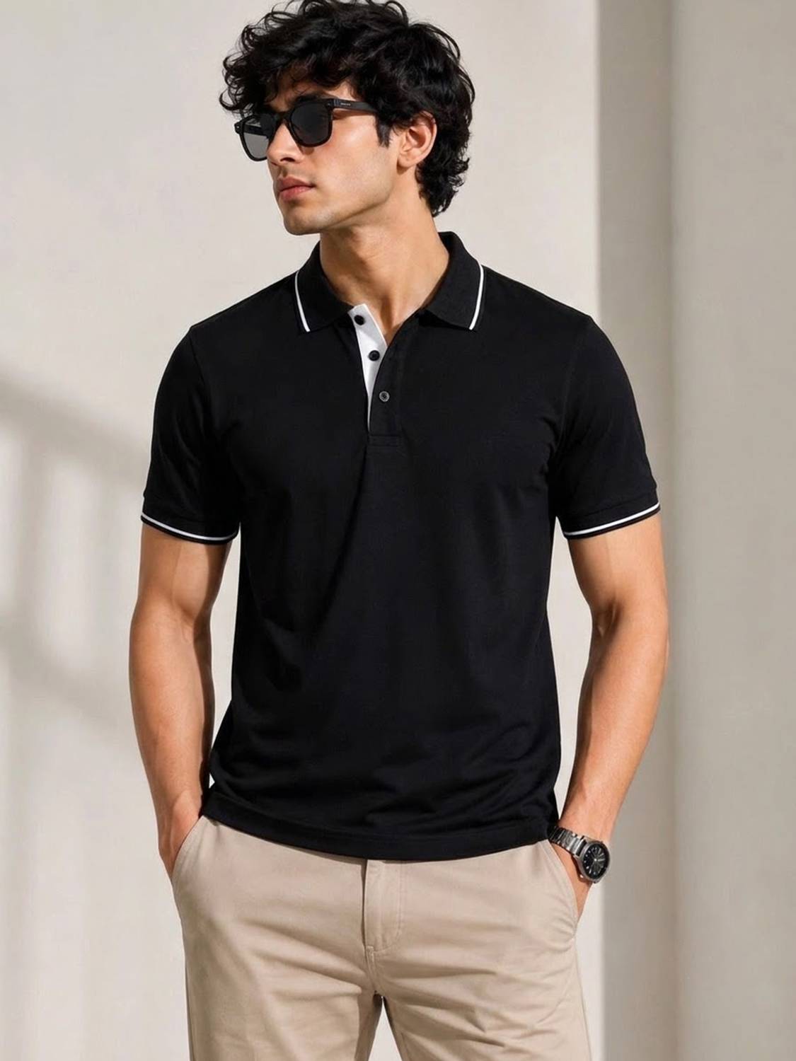 TeeVybe Solid Men Polo Neck Black T-Shirt - Image 1