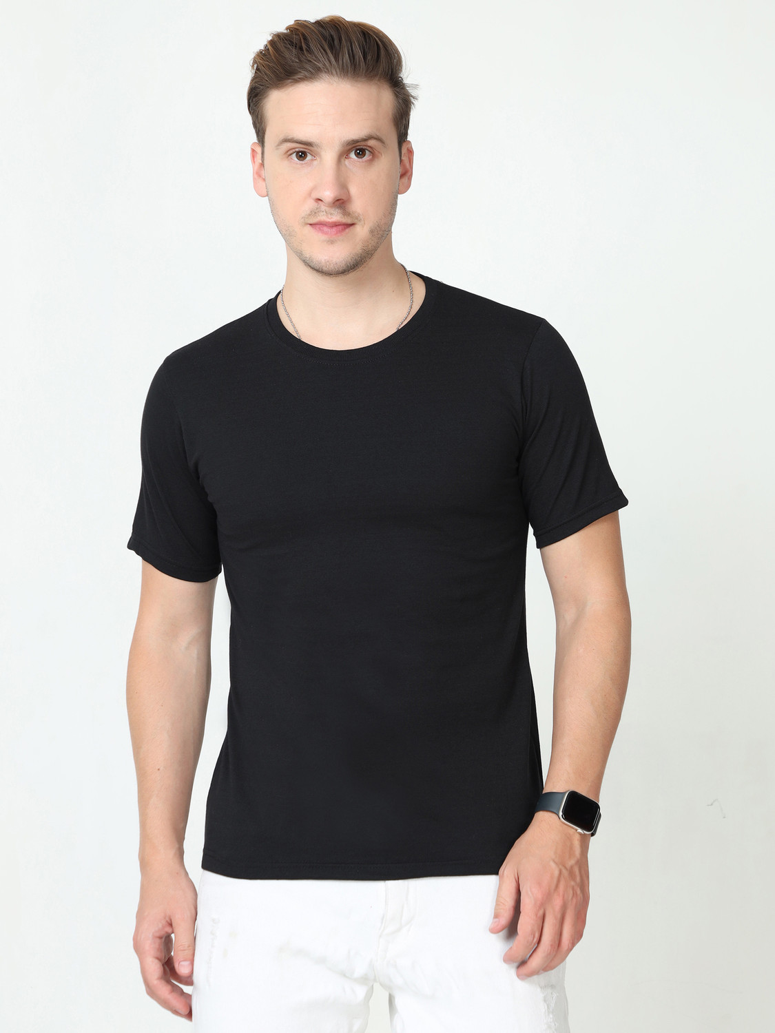 Image of Wafaa Solid Men Round Neck Black T-Shirt