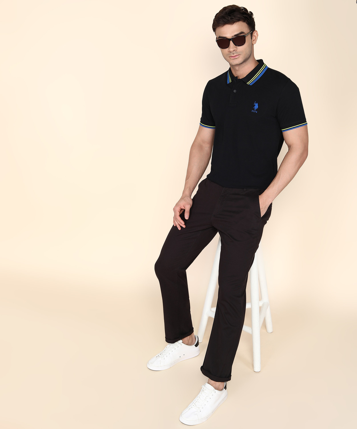 Image of U.S. POLO ASSN. Floral Print Men Polo Neck Black T-Shirt