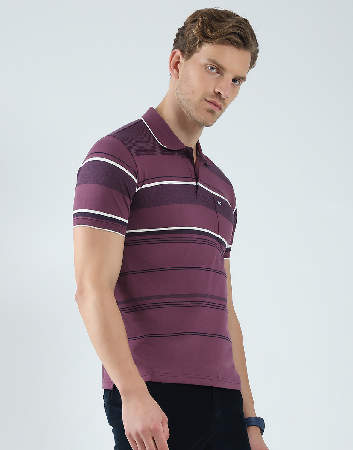 Image of MONTE CARLO Striped Men Polo Neck Purple T-Shirt
