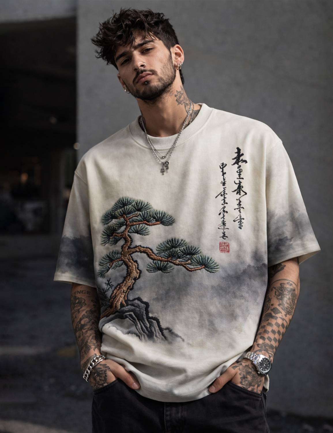 Force Men Printed Round Neck Cotton Blend White, Dark Green T-Shi...mo