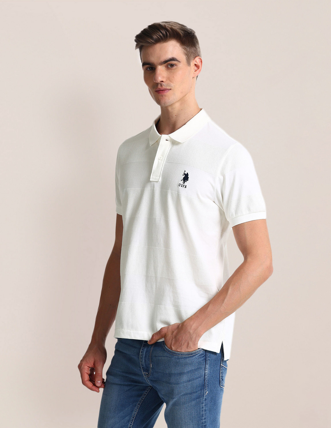 Image of U.S. POLO ASSN. Solid Men Polo Neck White T-Shirt