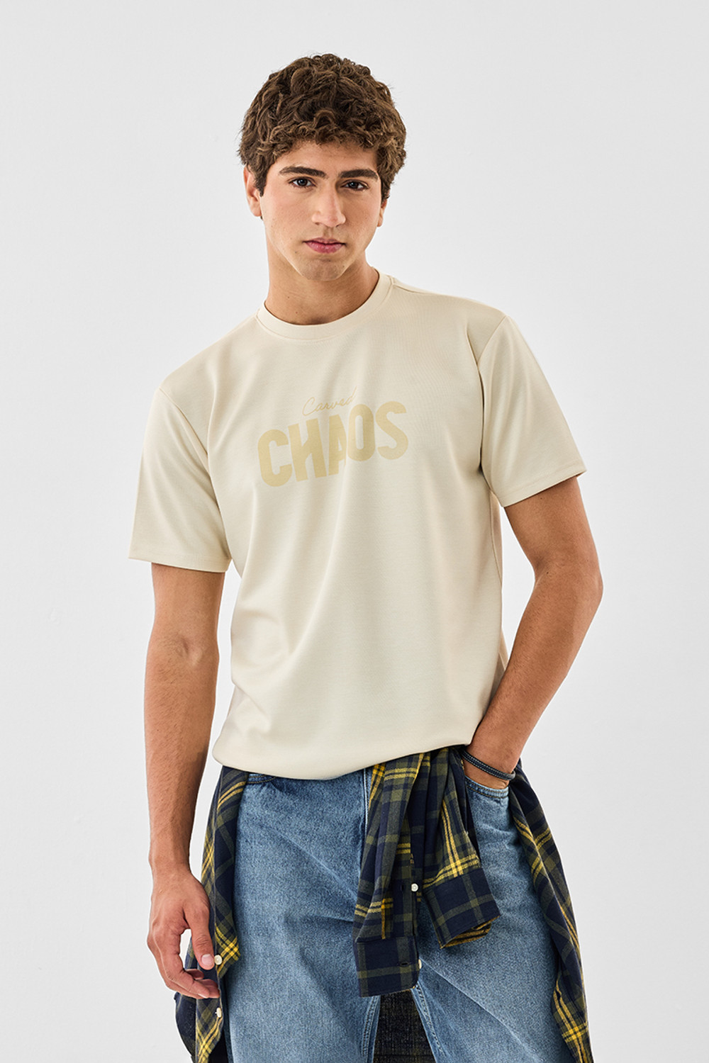 Image of Snitch Graphic Print Men Crew Neck Beige T-Shirt