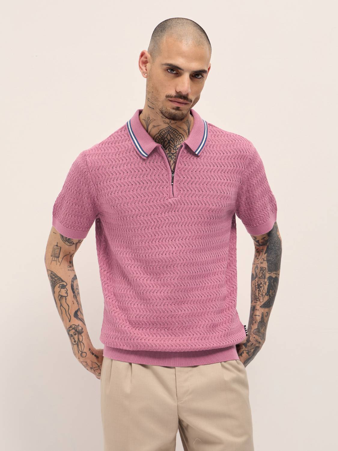THE BEAR HOUSE Men Self Design Polo Neck Pure Cotton Pink T-Shirt