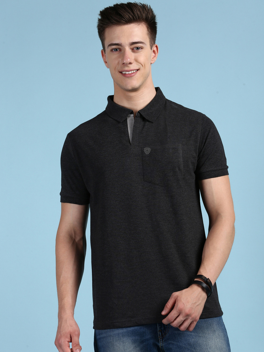 Image of LUX cozi Solid Men Polo Neck Black T-Shirt