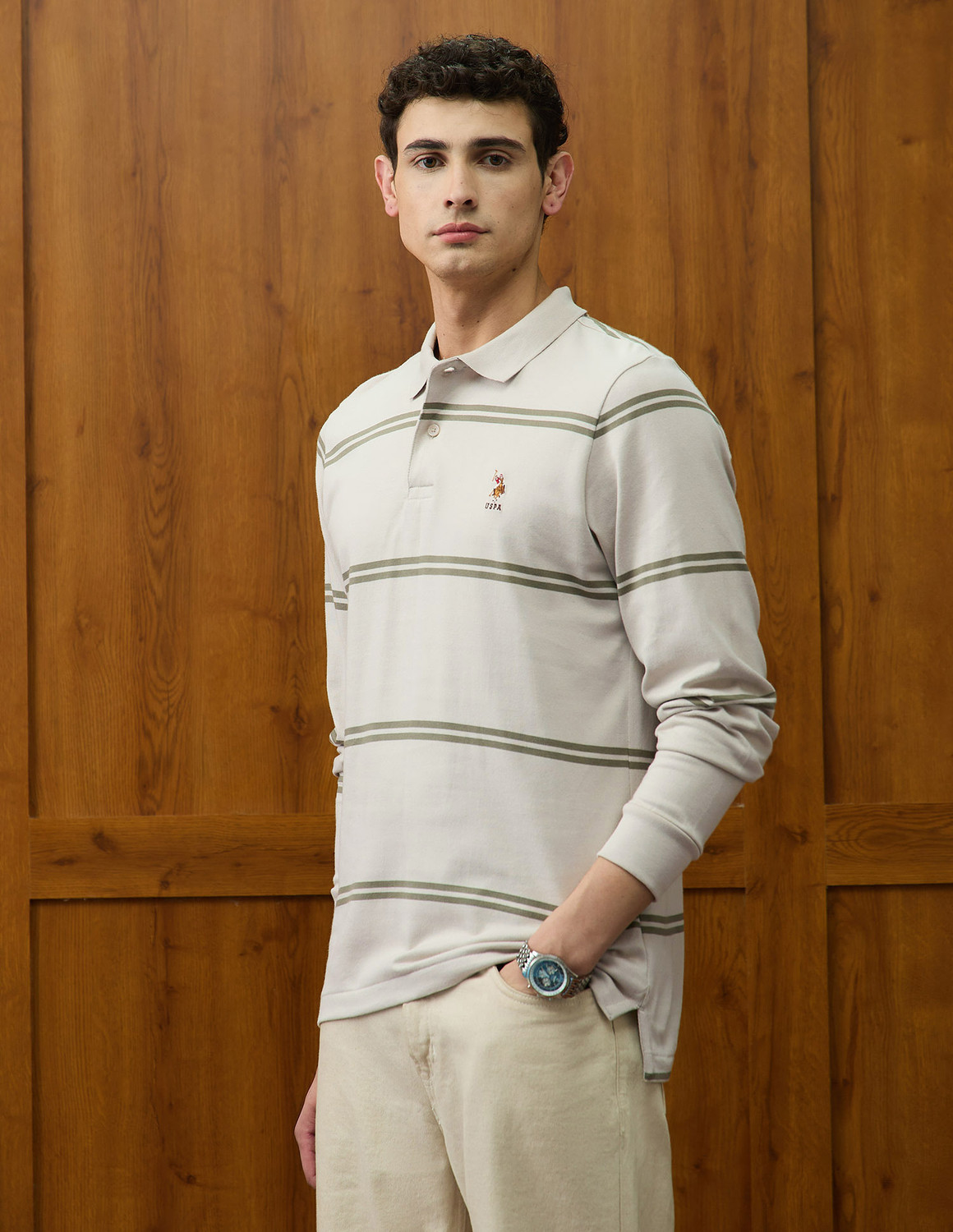 Image of U.S. POLO ASSN. Striped Men Polo Neck Beige T-Shirt