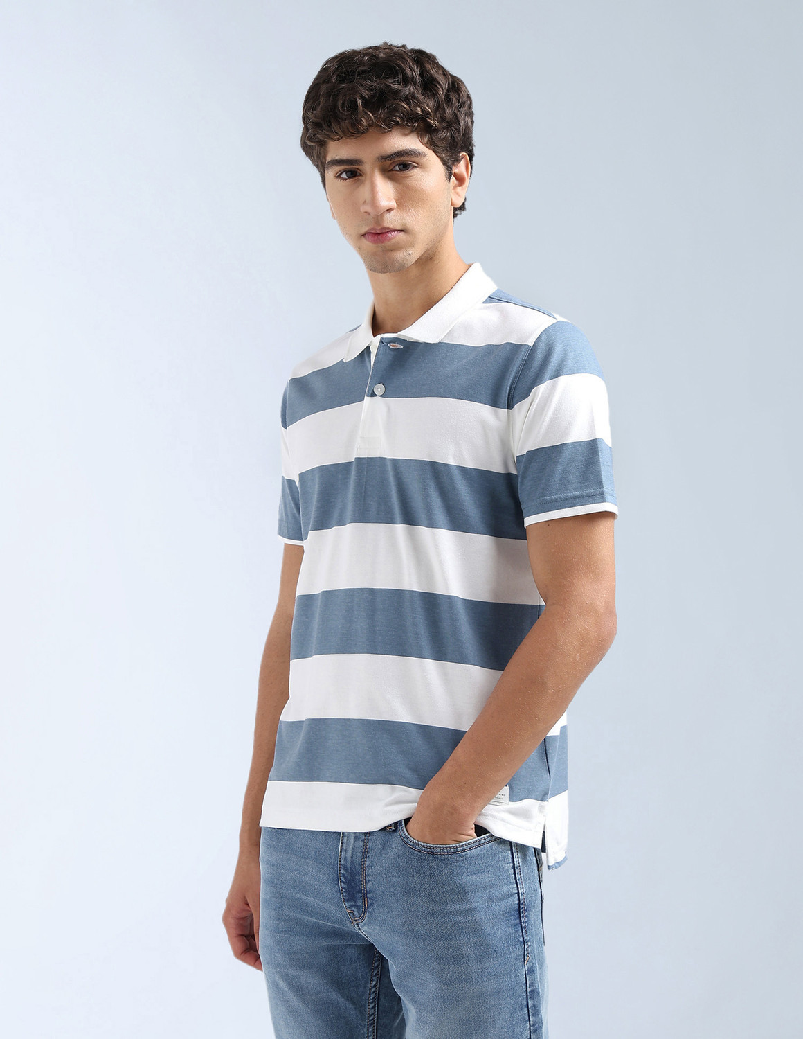 Image of FLYING MACHINE Striped Men Polo Neck Blue T-Shirt