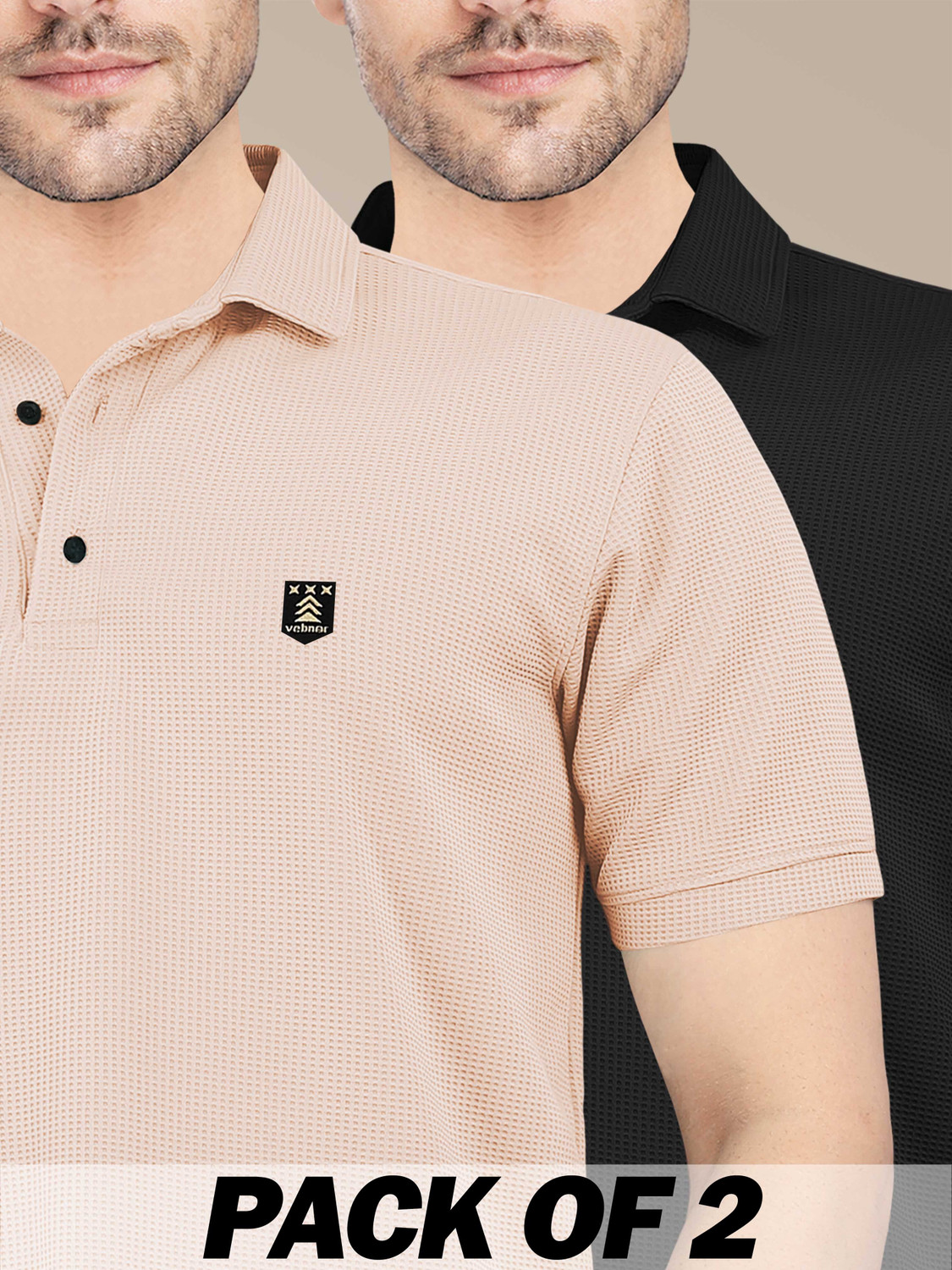 Image of VeBNoR Solid Men Polo Neck Black, Beige T-Shirt