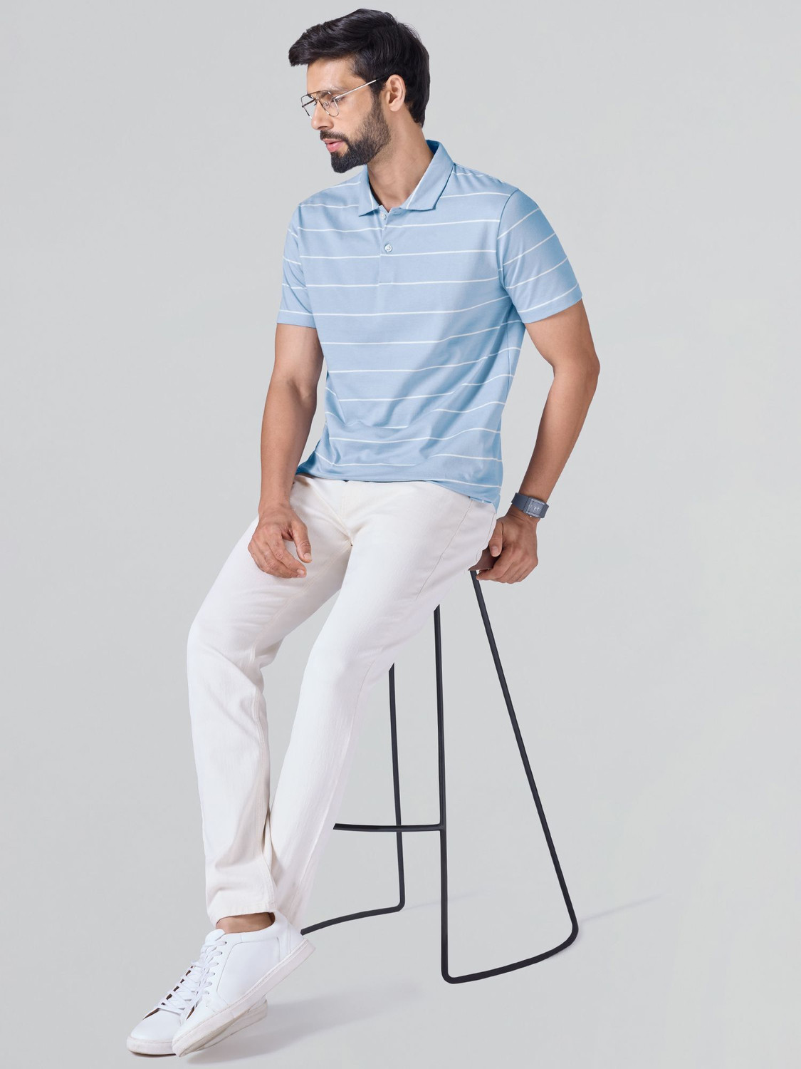 Image of XYXX Striped Men Polo Neck Blue T-Shirt