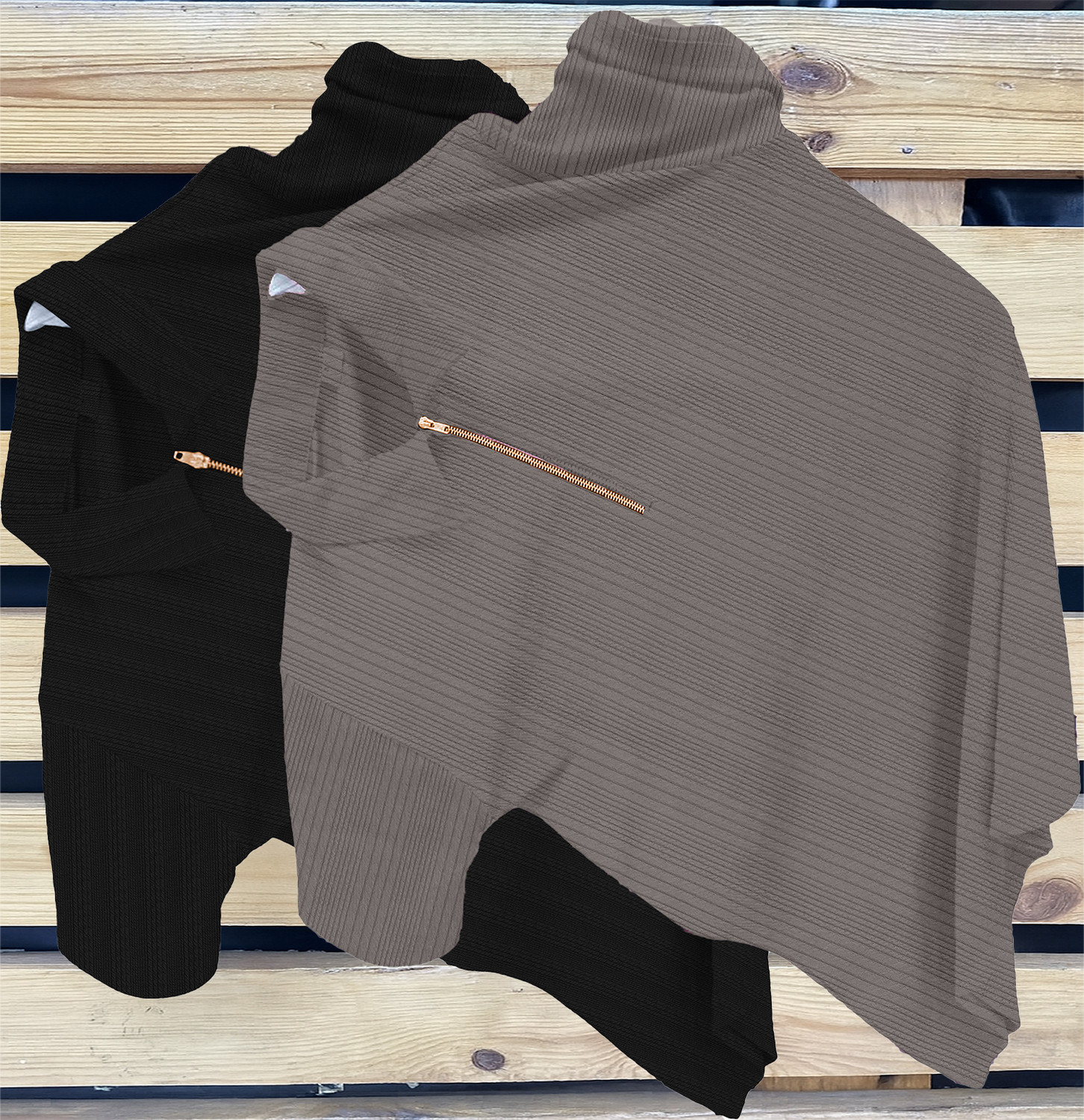 Image of KAJARU Self Design Men Zip Neck Black, Grey T-Shirt