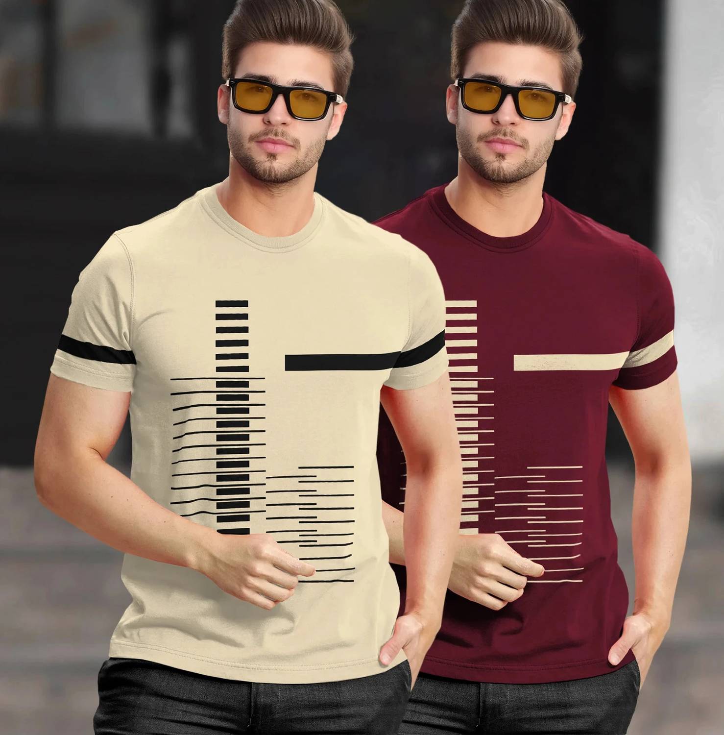 TRIPR Pack of 2 Men Printed Round Neck Cotton Blend Beige, Maroon