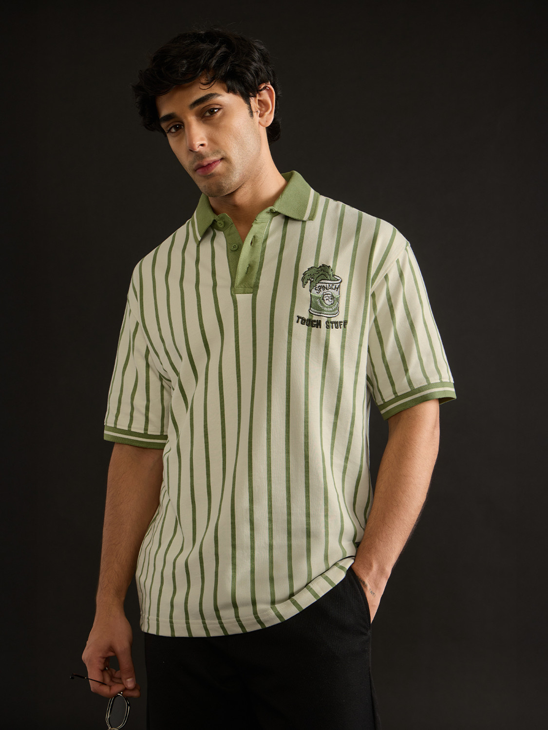 Image of The Souled Store Striped Men Polo Neck Light Green T-Shirt