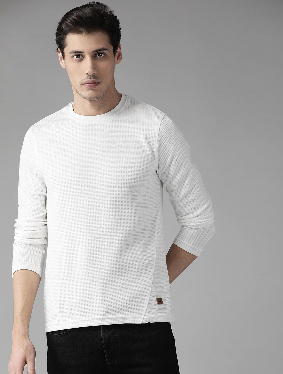 Image of Roadster Self Design Men Round Neck White T-Shirt