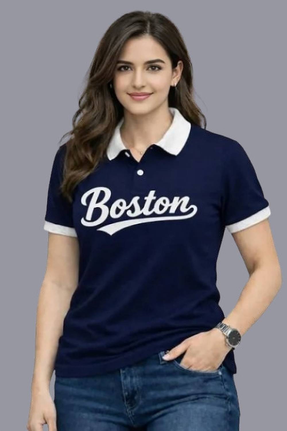 NooHy Women Navy Blue Polo Neck T-Shirt - Image 1