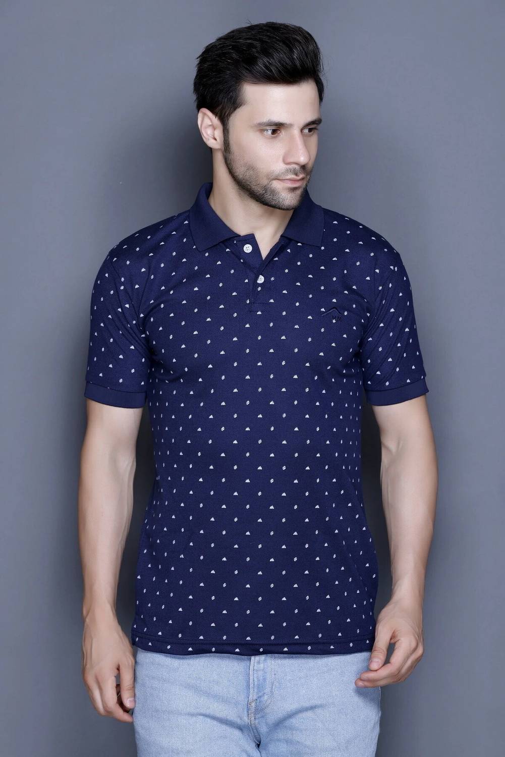 MELLOWMEN Men Printed Polo Neck Cotton Blend Navy Blue T-Shirt