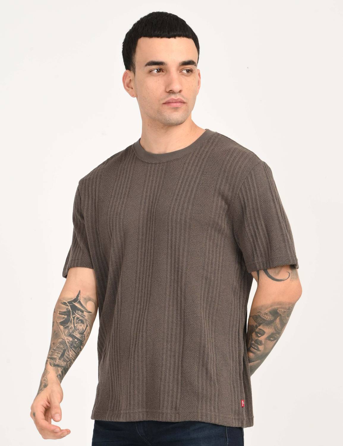 LEVI'S Men Striped Crew Neck Cotton Blend Brown T-Shirt