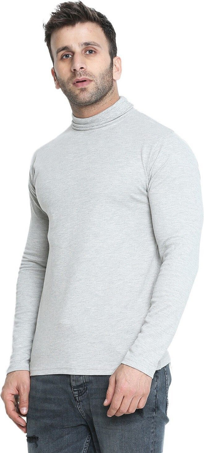 Image of CHKOKKO Solid Men High Neck Grey T-Shirt