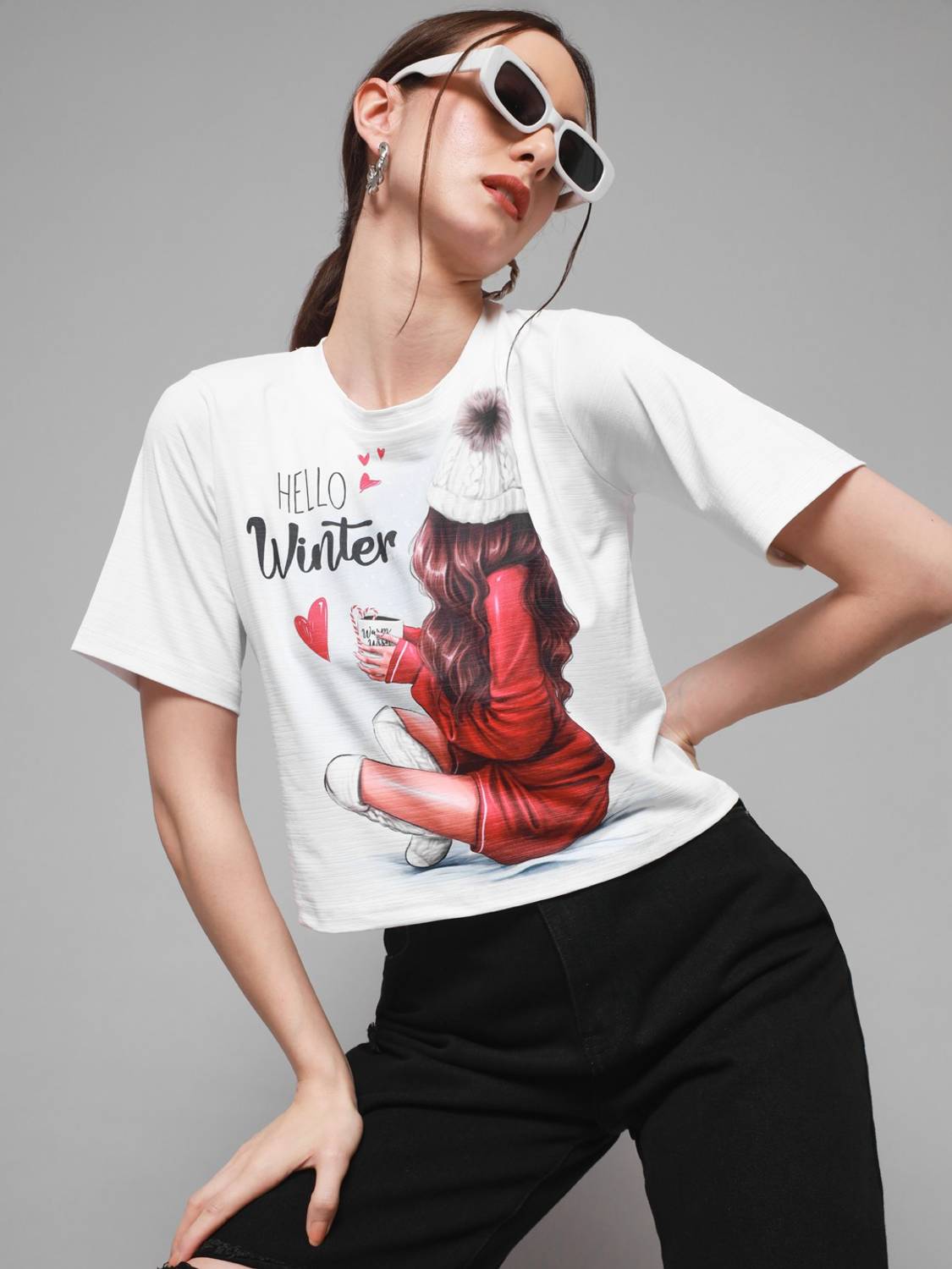 ADDYVERO Printed Women Round Neck White T-Shirt