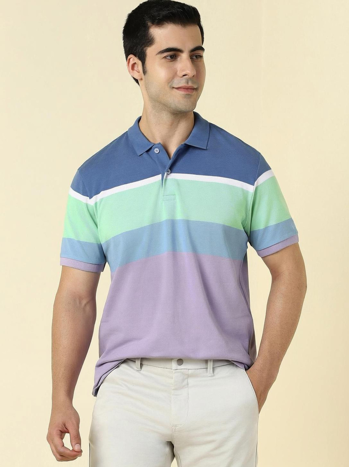 Image of Allen Solly Striped Men Polo Neck Multicolor T-Shirt