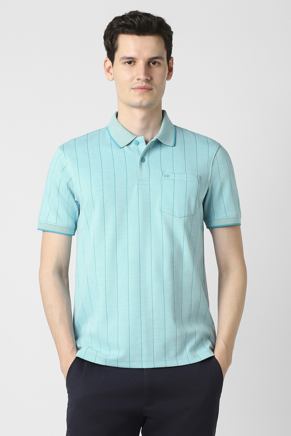 Image of PETER ENGLAND Men Striped, Self Design Polo Neck Polycotton Light Blue T-Shirt
