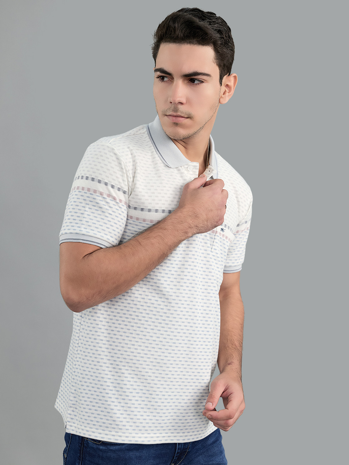 Image of MONTE CARLO Striped Men Polo Neck Grey T-Shirt