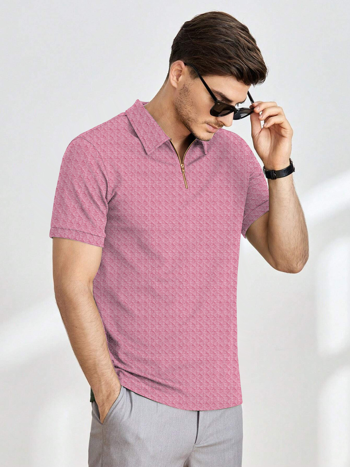 Image of KAJARU Self Design Men Zip Neck Pink T-Shirt