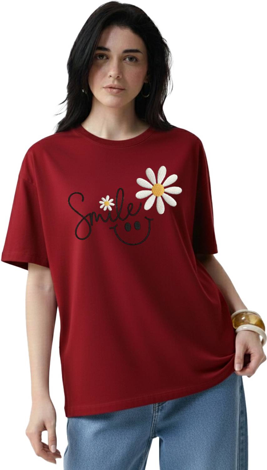 BELTLY Printed Women Round Neck Maroon T-Shirt
