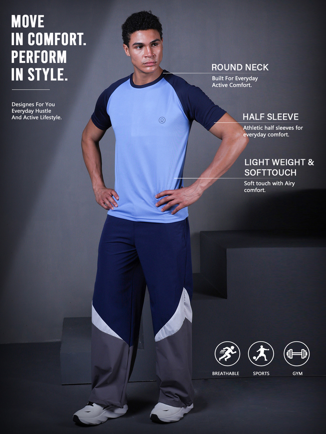 Image of CHKOKKO Colorblock Men Round Neck Light Blue T-Shirt