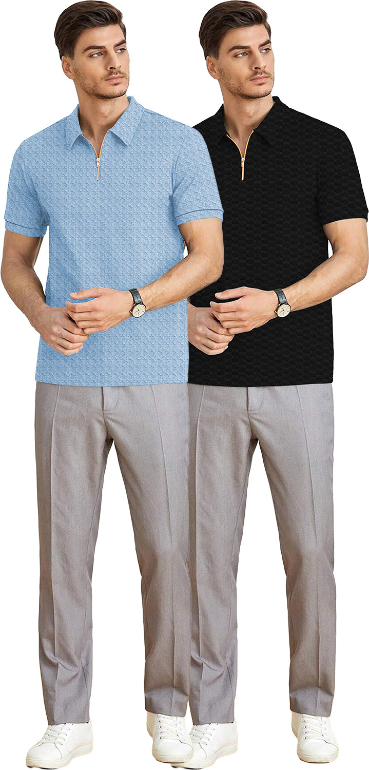 Image of KAJARU Self Design Men Zip Neck Black, Light Blue T-Shirt