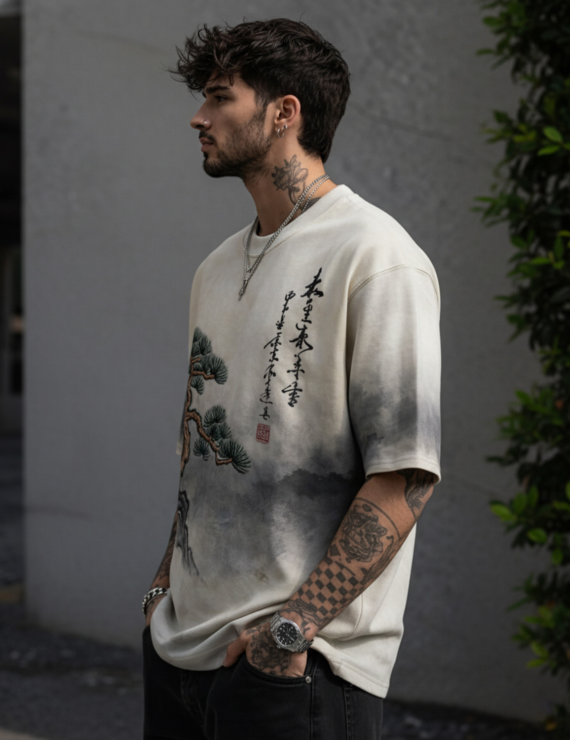 Image of Force Printed Men Round Neck White, Dark Green T-Shirt